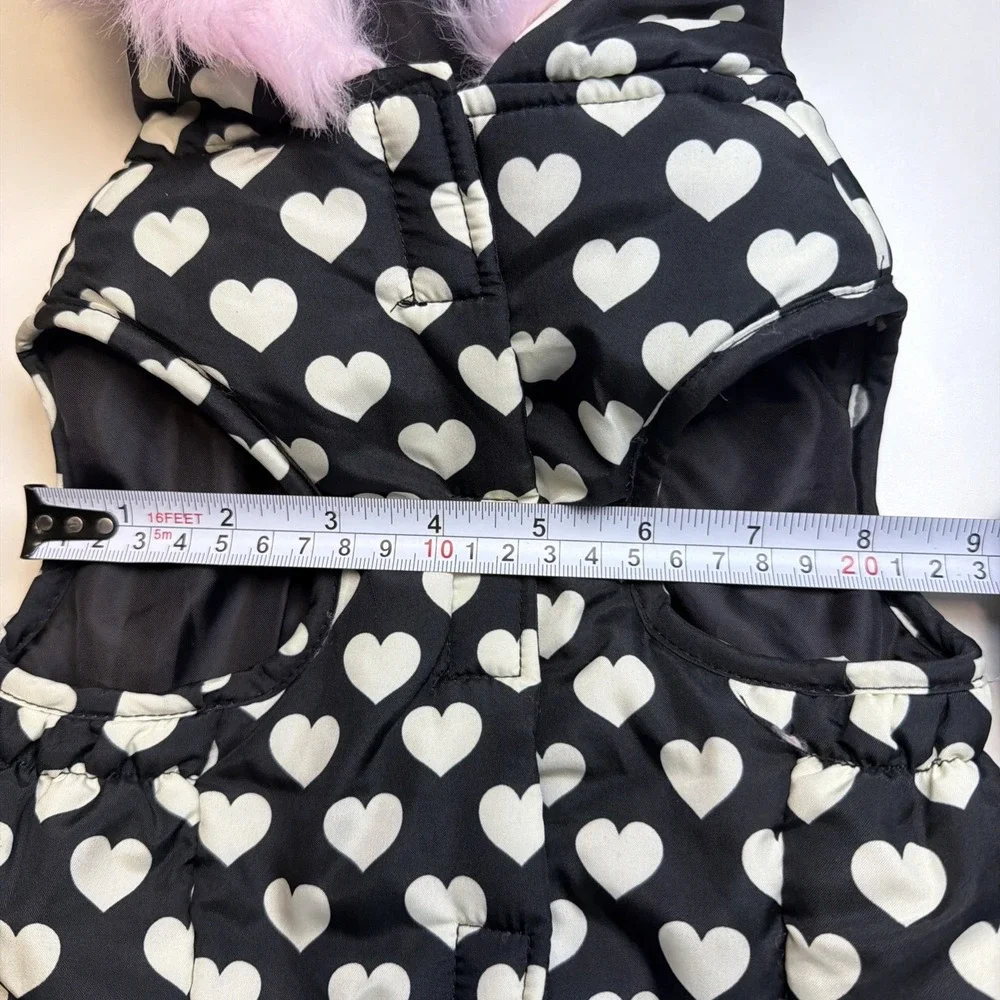 Dog Puffer Hoodie Jacket Winter Coat Outdoor Black White Hearts Pink Trim Bow Sm